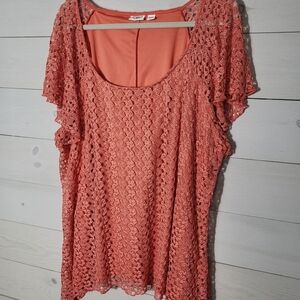 Cato Lace Top Scoop Neck Coral Coastal Beach Asymetrical Hem Plus Size